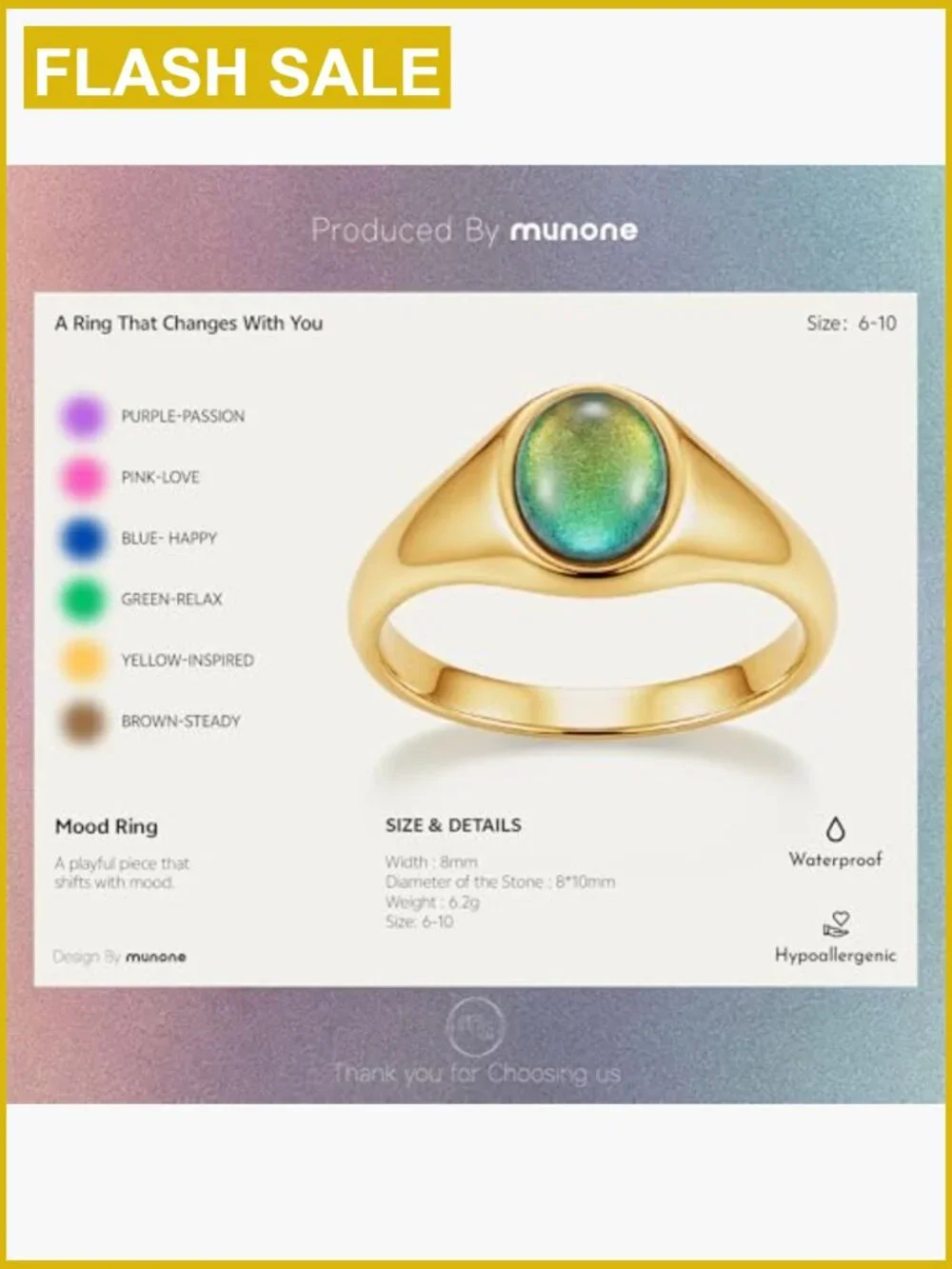 Mood Ring 8mm Signet Ring for Women Gold Plated Stainless Steel Vintage Gift